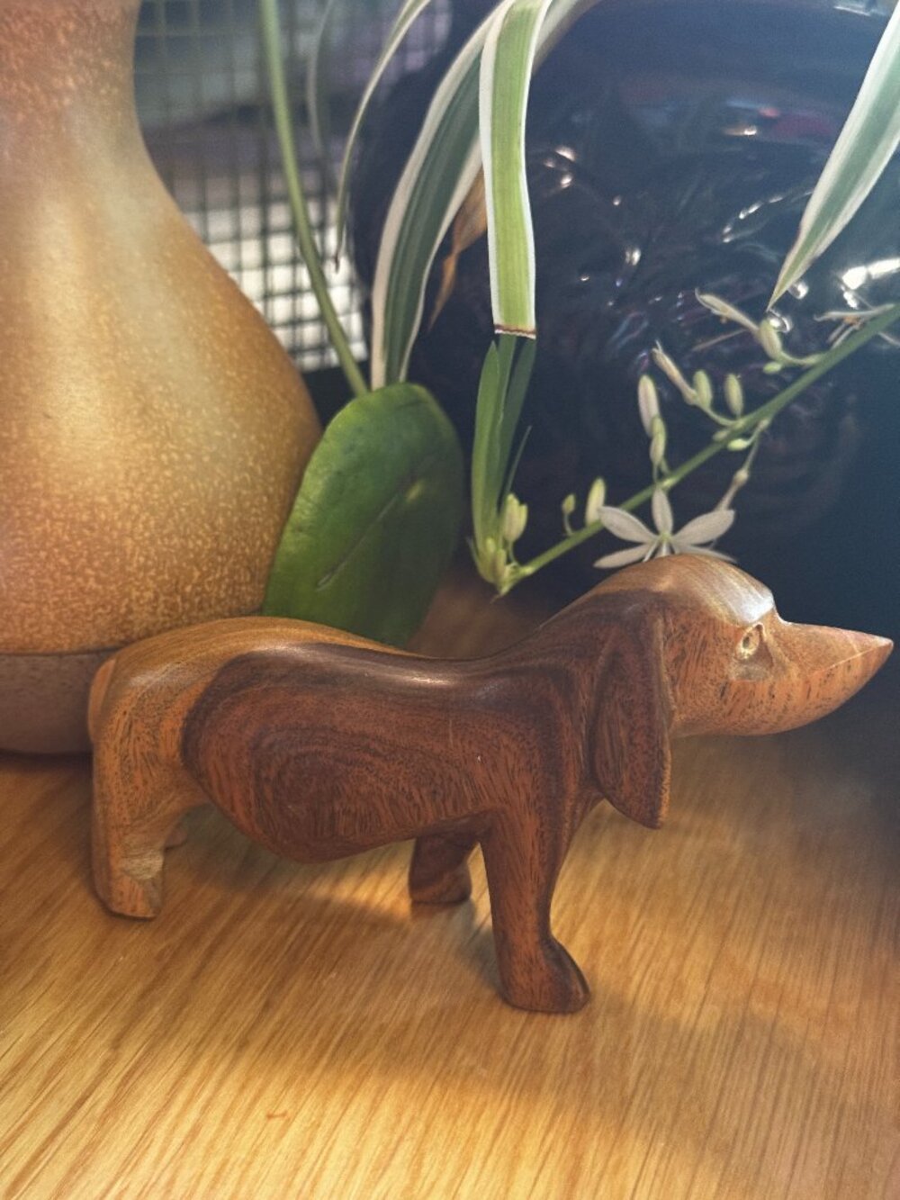 Carved Wood Dog Statuette Figurine